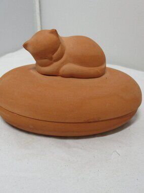 Crowning Touch Terra Cotta Trinket Box with Sleeping Cat on Lid